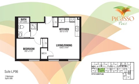 Floor plan for 1 bed, 1 bath, 606 sqft