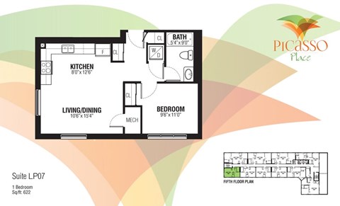 Floor plan for 1 bed, 1 bath, 622 sqft