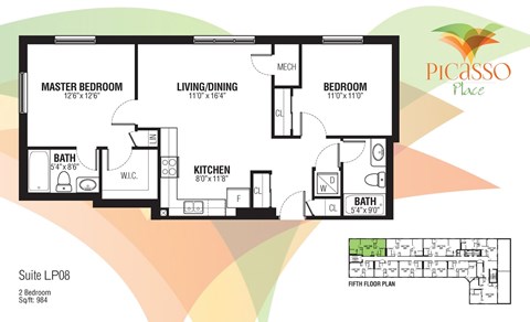 Floor plan for 2 beds, 2 baths, 984 sqft