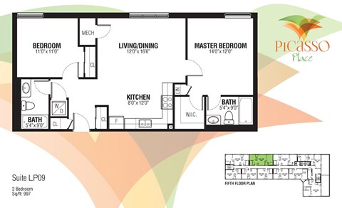 Floor plan for 2 beds, 2 baths, 998 sqft