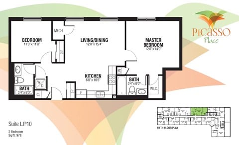 Floor plan for 2 beds, 2 baths, 978 sqft