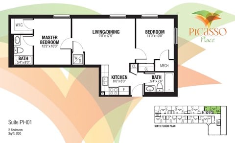 Floor plan for 2 beds, 2 baths, 830 sqft