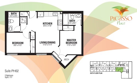 Floor plan for 2 beds, 2 baths, 777 sqft