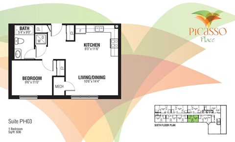 Floor plan for 1 bed, 1 bath, 606 sqft