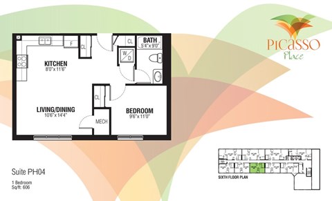 Floor plan for 1 bed, 1 bath, 606 sqft