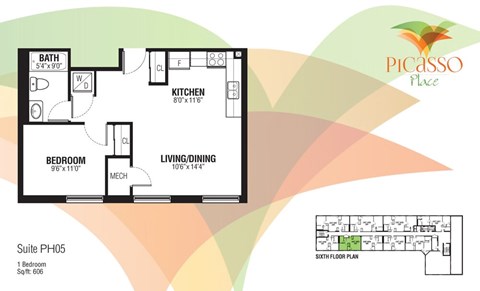 Floor plan for 1 bed, 1 bath, 606 sqft