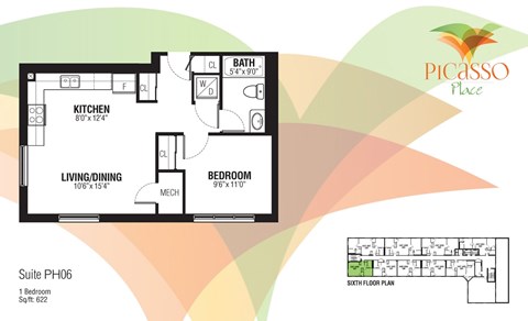 Floor plan for 1 bed, 1 bath, 622 sqft