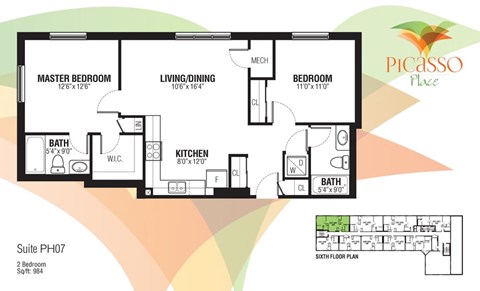 Floor plan for 2 beds, 2 baths, 984 sqft