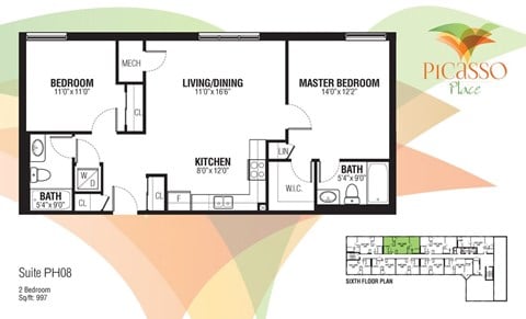 Floor plan for 2 beds, 2 baths, 997 sqft