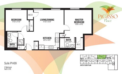Floor plan for 2 beds, 2 baths, 978 sqft