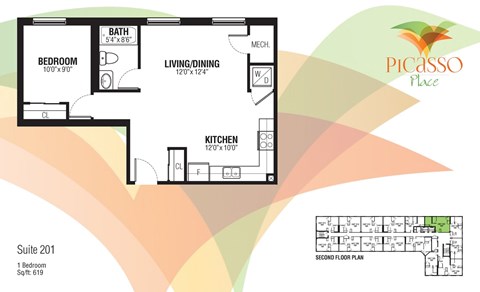 Floor plan for 1 bed, 1 bath, 619 sqft