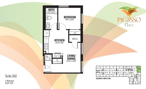 Floor plan for 1 bed, 1 bath, 553 sqft