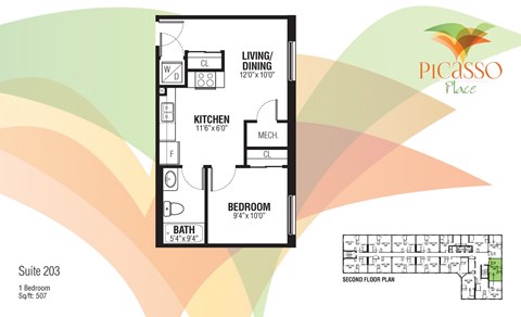 Floor plan for 1 bed, 1 bath, 507 sqft