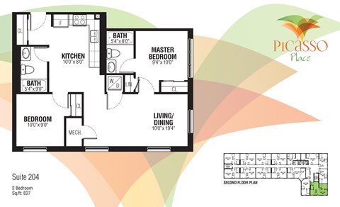 Floor plan for 2 beds, 2 baths, 827 sqft