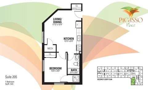 Floor plan for 1 bed, 1 bath, 543 sqft