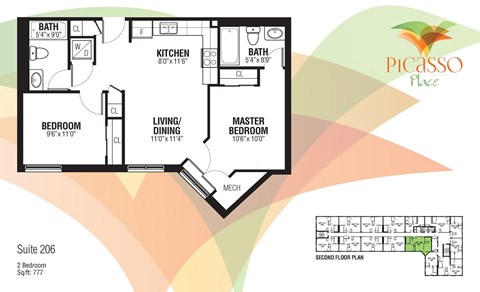Floor plan for 2 beds, 2 baths, 777 sqft