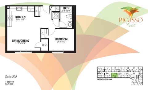 Floor plan for 1 bed, 1 bath, 606 sqft