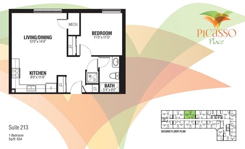 Floor plan for 1 bed, 1 bath, 654 sqft