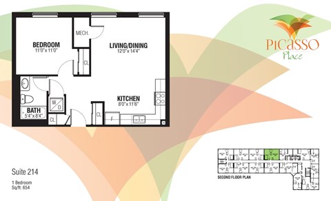 Floor plan for 1 bed, 1 bath, 654 sqft