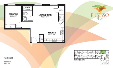 Floor plan for 1 bed, 1 bath, 619 sqft