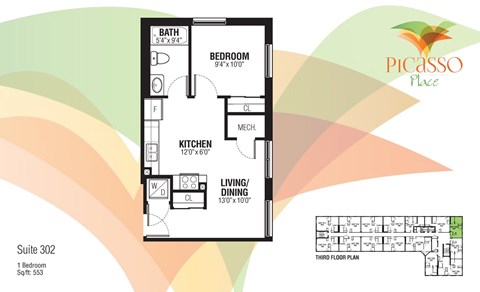 Floor plan for 1 bed, 1 bath, 553 sqft