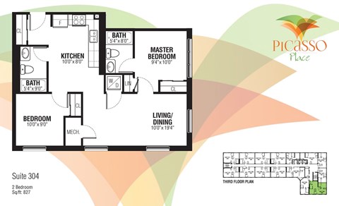 Floor plan for 2 beds, 2 baths, 827 sqft
