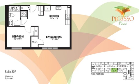 Floor plan for 1 bed, 1 bath, 606 sqft