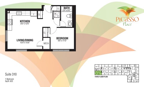 Floor plan for 1 bed, 1 bath, 622 sqft