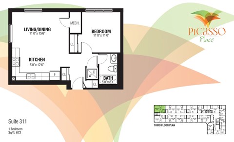 Floor plan for 1 bed, 1 bath, 672 sqft