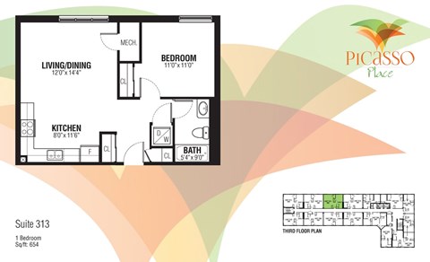 Floor plan for 1 bed, 1 bath, 654 sqft