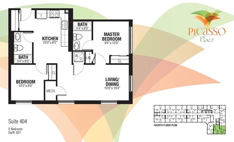 Floor plan for 2 beds, 2 baths, 827 sqft