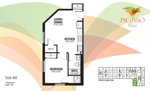 Floor plan for 1 bed, 1 bath, 543 sqft