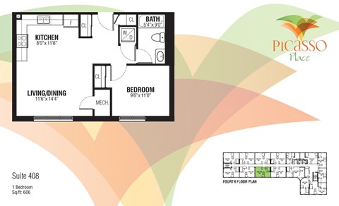Floor plan for 1 bed, 1 bath, 606 sqft
