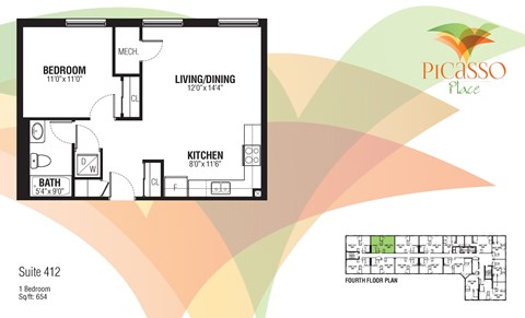 Floor plan for 1 bed, 1 bath, 654 sqft