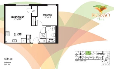 Floor plan for 1 bed, 1 bath, 654 sqft