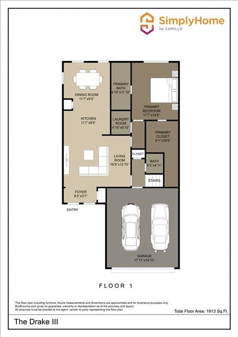 Floor plan for 4 beds, 2.5 baths, 1913 sqft