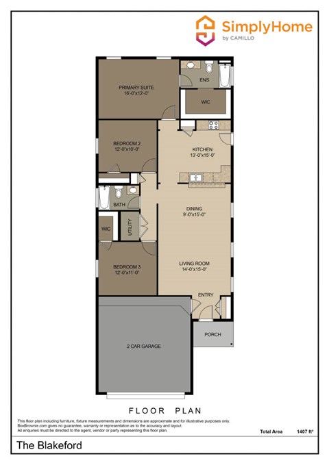 Floor plan for 3 beds, 2 baths, 1407 sqft