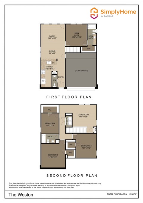 Floor plan for 4 beds, 2.5 baths, 1950 sqft