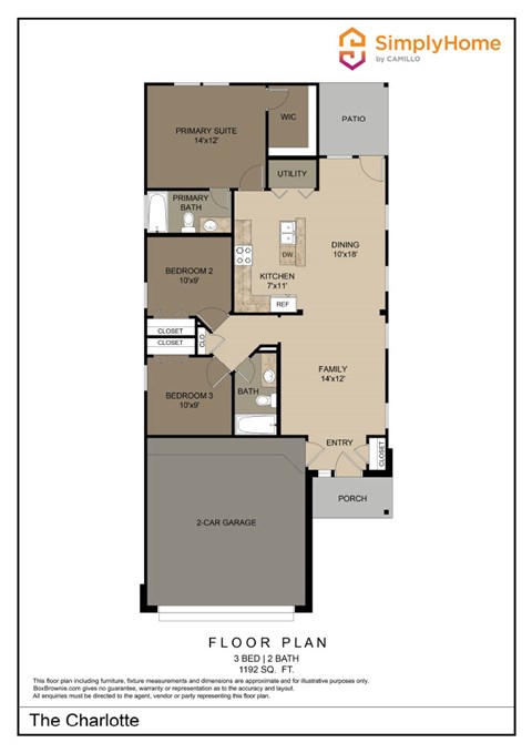 Floor plan for 3 beds, 2 baths, 1192 sqft