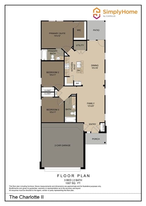 Floor plan for 3 beds, 2 baths, 1307 sqft