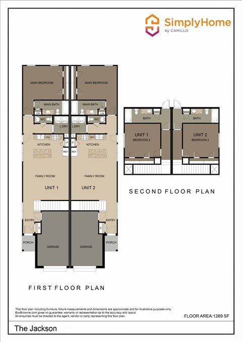 Floor plan for 2 beds, 2.5 baths, 1269 sqft
