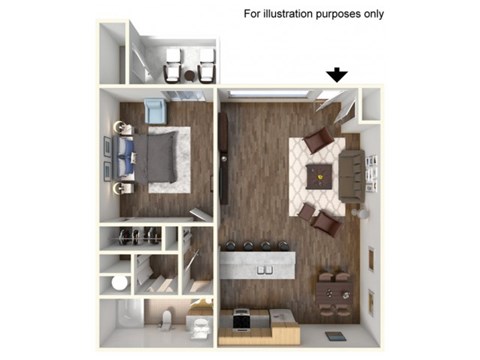 Floor plan for 1 bed, 1 bath, 640 sqft