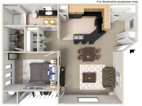 Floor plan for 1 bed, 1 bath, 804 sqft