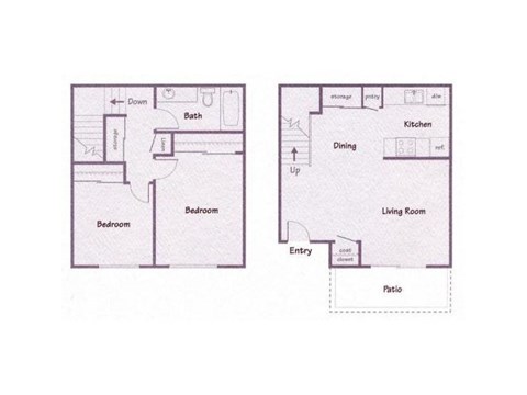 Floor plan for 2 beds, 1 bath, 890 sqft