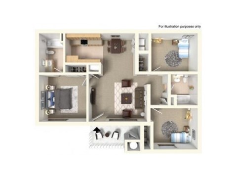 Floor plan for 3 beds, 2 baths, 975 sqft