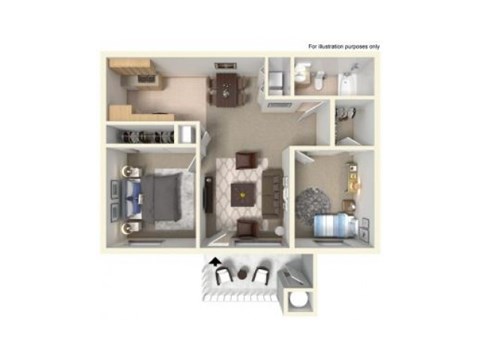Floor plan for 2 beds, 1 bath, 768 sqft
