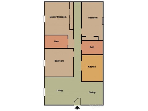 Floor plan for 3 beds, 2 baths, 1100 sqft