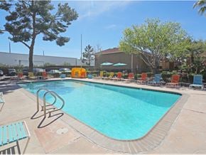 Las Vegas apartment for rent - a swimming pool with chairs and trees and a building in the background