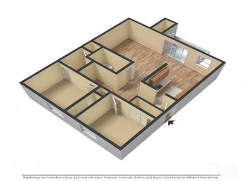 Floor plan for 2 beds, 2 baths, 910 sqft