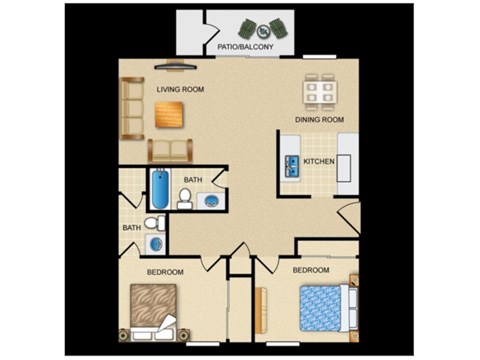 Floor plan for 2 beds, 2 baths, 910 sqft